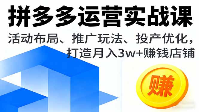 拼多多运营实战课，活动布局、推广玩法、投产优化，打造月入3w+赚钱店铺-微众资源