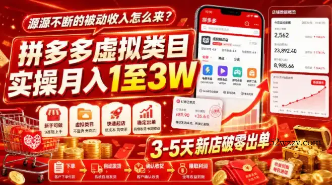 源源不断的被动收入怎么来？拼多多虚拟类目实操月入1至3W，3-5天新店破零出单-微众资源