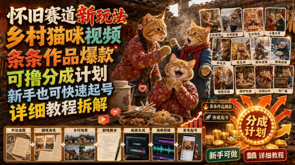 怀旧赛道新玩法，乡村猫咪视频，条条作品爆款，可撸分成计划，新手也可快速起号，详细教程拆解-微众资源