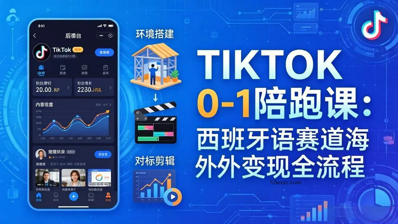 TIKTOK 0-1 陪跑课：从环境搭建到刷对标剪辑，西班牙语赛道海外变现全流程-微众资源