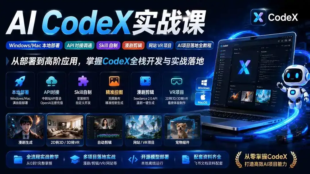 AI CodeX实战课｜Windows/Mac 本地部署｜API 对接调通｜Skill 自制｜漫剧剪辑｜网站 VR 项目｜AI项目落地全教程-微众资源