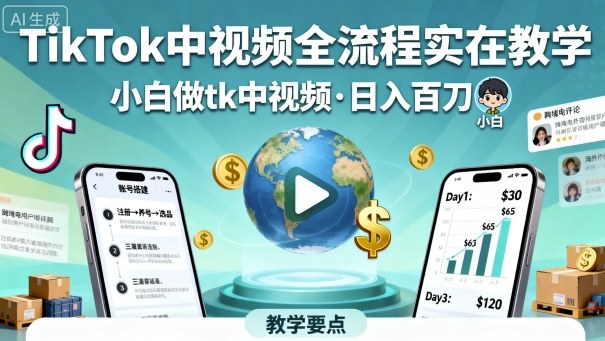 TikTok中视频全流程实操教学，小白做tk中视频，日入百刀-微众资源