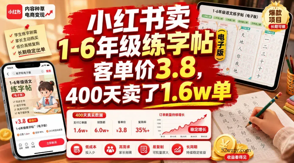 小红书卖1-6年级练字帖(电子版)，客单价3.8，400天卖了1.6w单-微众资源