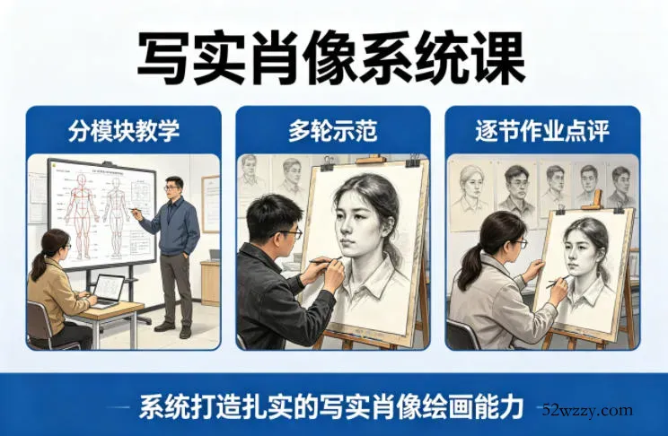 写实肖像系统课，全程分模块教学+多轮示范+逐节作业点评，系统打造扎实的写实肖像绘画能力-微众资源