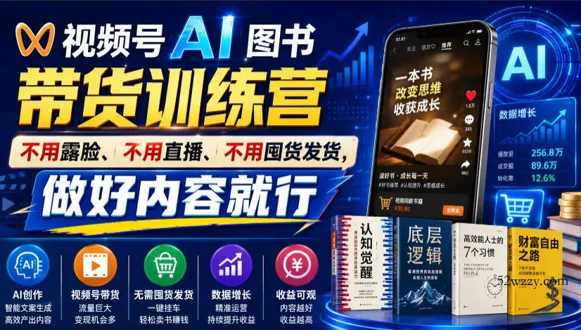 视频号AI图书带货训练营，不用露脸、不用直播、不用囤货发货，做好内容就行，一条爆款视频佣金8942-微众资源