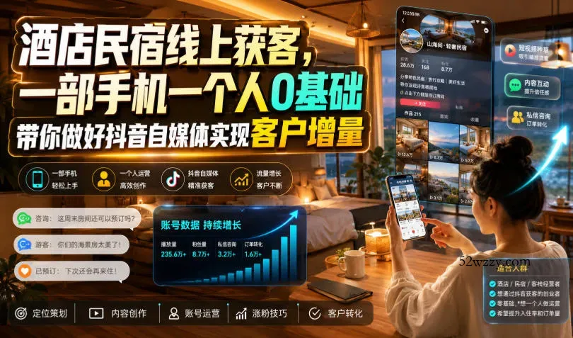 酒店民宿线上获客，一部手机一个人0基础带你做好抖音自媒体实现客户增量-微众资源