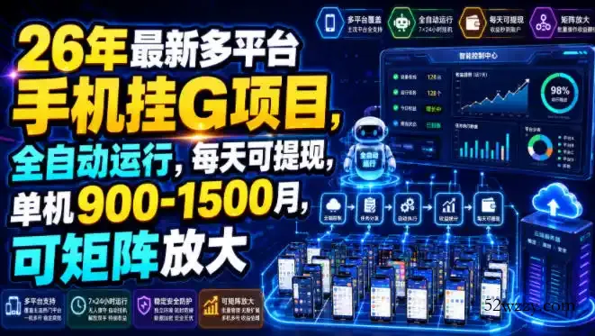 26年最新多平台手机挂G项目，全自动运行，每天可提现，单机900-1500月，可矩阵放大【揭秘】-微众资源