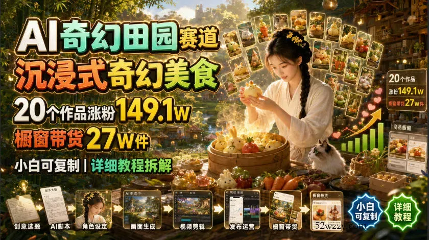 AI奇幻田园赛道，沉浸式奇幻美食，20个作品涨粉149.1W，橱窗带货27W件，小白可复制，详细教程拆解-微众资源