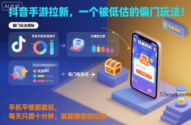抖音手游拉新，一个被低估的偏门玩法！手机平板都能玩，每天只需十分钟，就能賺取四位数【揭秘】-微众资源