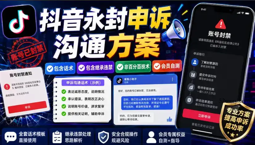 抖音永封申诉沟通方案，包含话术，包含继承违禁，非百分百技术，会员自测-微众资源