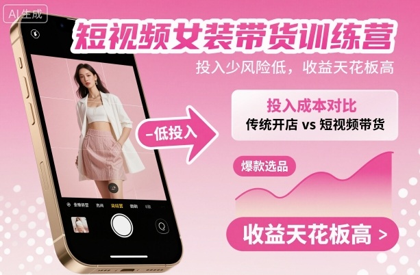 短视频女装带货训练营，投入少风险低，收益天花板高-微众资源