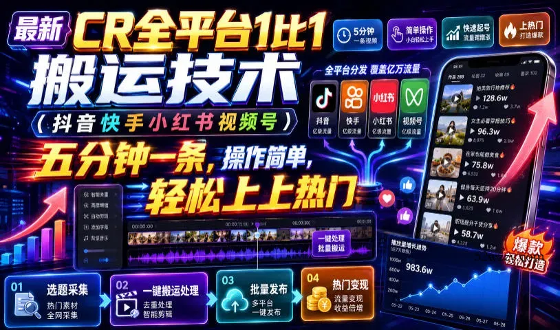 最新CR全平台1比1搬运技术(抖音快手小红书视频号)五分钟分钟一条，操作简单，轻松上热门(教程+软件+参数)-微众资源