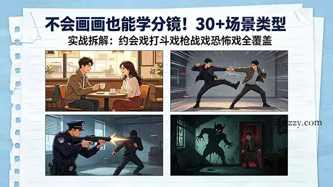 不会画画也能学分镜！30+场景类型实战拆解：约会戏打斗戏枪战戏恐怖戏全覆盖-微众资源