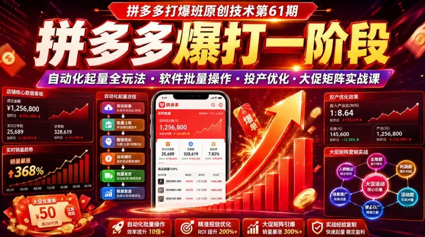 拼多多打爆班原创技术第61期，拼多多爆打一阶段，自动化起量全玩法・软件批量操作・投产优化・大促矩阵实战课-微众资源