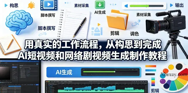 用真实的工作流程，从构思到完成AI短视频和网络剧视频生成制作教程-中英字幕-微众资源