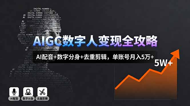 AIGC数字人变现全攻略，AI配音+数字分身+去重剪辑，单账号月入5万+-微众资源