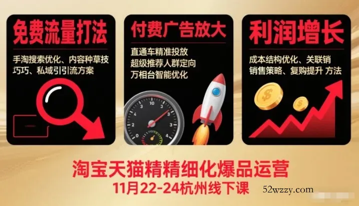 淘宝天猫精细化爆品运营11月22-24杭州线下课，免费流量打法+付费广告放大+利润增长(音频+文档)-微众资源