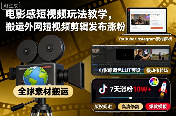 电影感短视频玩法教学，搬运外网短视频剪辑发布涨粉-微众资源