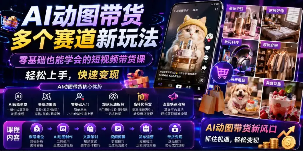 AI动图带货多个赛道新玩法,零基础也能学会的短视频带货课,轻松上手,快速变现