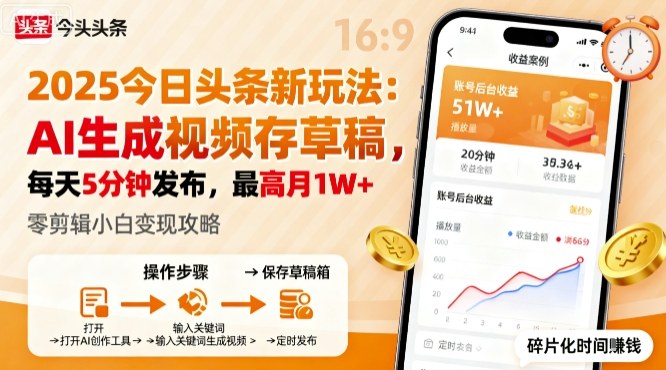 2025年今日头条躺賺新玩法，AI生成视频存草稿，每天5分钟发布，最高月1W+【揭秘】-微众资源