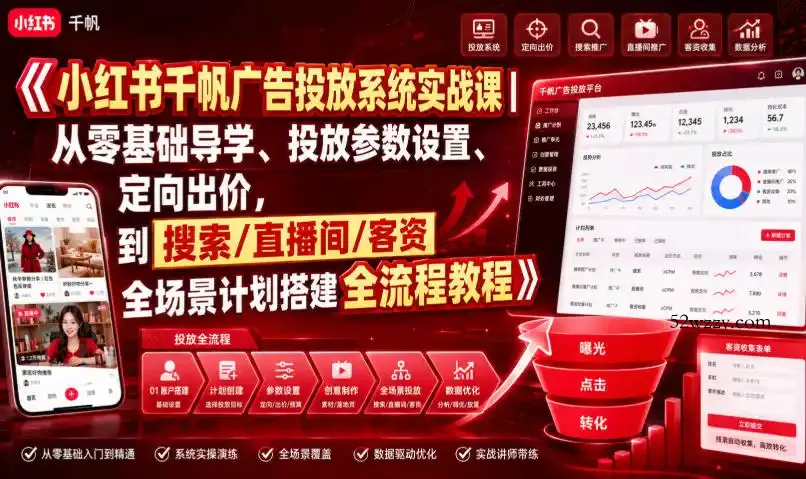 小红书千帆广告投放系统实战课|从零基础导学、投放参数设置、定向出价,到搜索/直播间/客资全场景计划搭建全流程