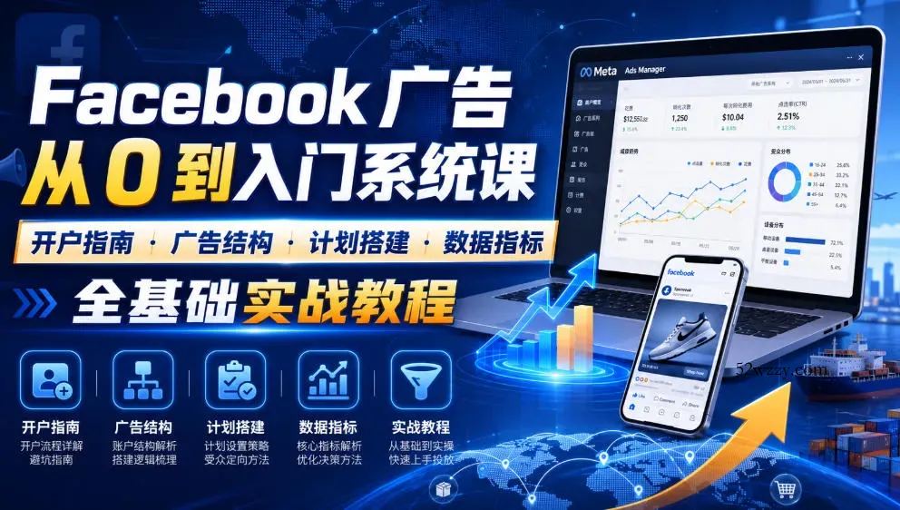 Facebook广告新手从0到入门系统课|开户指南・广告结构・计划搭建・数据指标全基础实战教程-微众资源