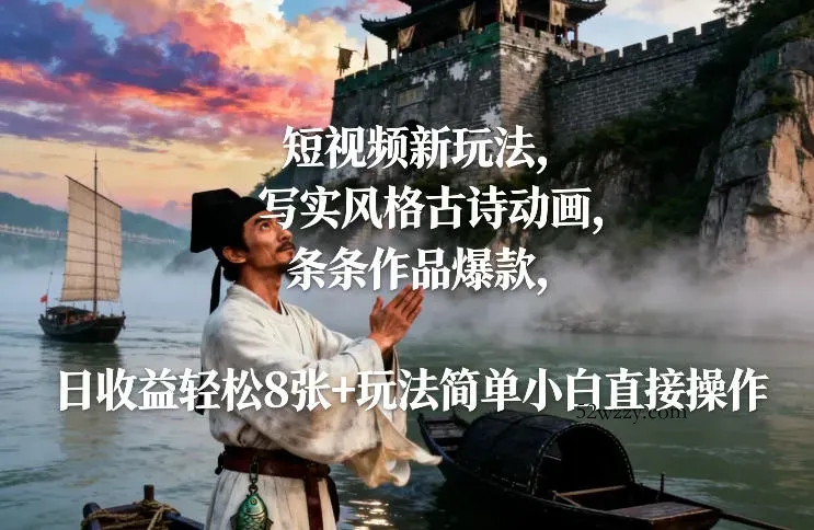 短视频新玩法，写实风格古诗动画，条条作品爆款，日收益轻松8张+玩法简单小白直接操作-微众资源