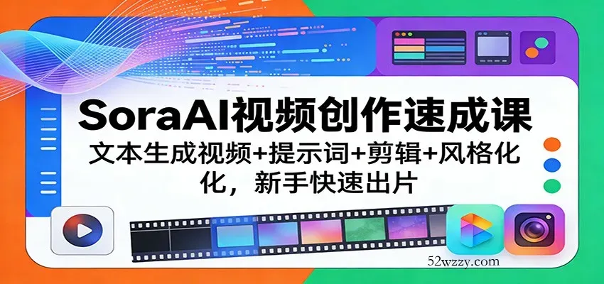 SoraAI视频创作速成课：文本生成视频+提示词+剪辑+风格化，新手快速出片-微众资源