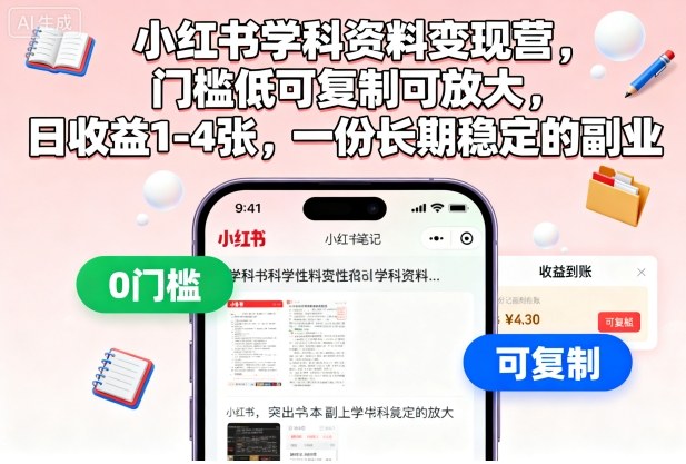 小红书学科资料变现营,门槛低可复制可放大,日收益1-4张,一份长期稳定的副业-微众资源