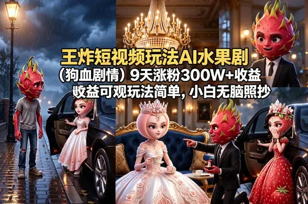 王炸短视频玩法AI水果剧(狗血剧情)9天涨粉300W+收益可观玩法简单，小白无脑照抄，详细拆解玩法-微众资源