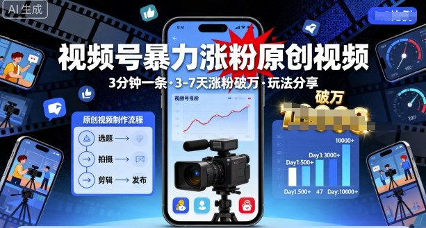 视频号暴力涨粉原创视频，3分钟一条原创视频，3-7天涨粉破万，玩法分享给你-微众资源