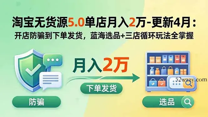 淘宝无货源5.0单店月入2万-更新5月：开店防骗到下单发货，蓝海选品+三店循环玩法全掌握-微众资源