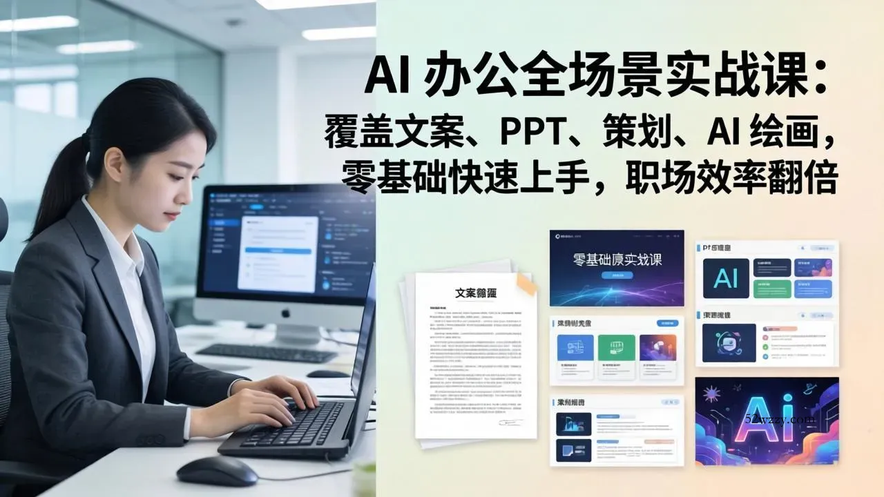 AI 办公全场景实战课：覆盖文案、PPT、策划、AI 绘画，零基础快速上手，职场效率翻倍-微众资源