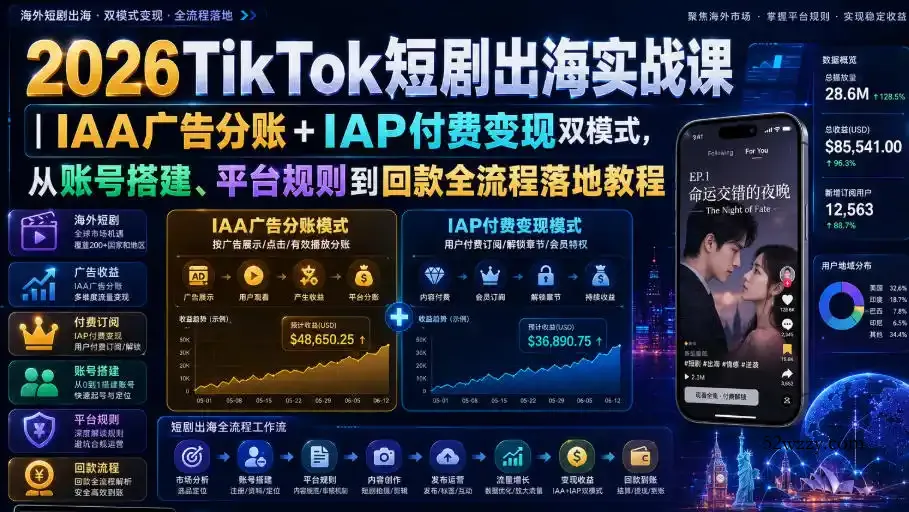 2026TikTok短剧出海实战课｜IAA广告分账+IAP付费变现双模式，从账号搭建、平台规则到回款全流程落地教程-微众资源