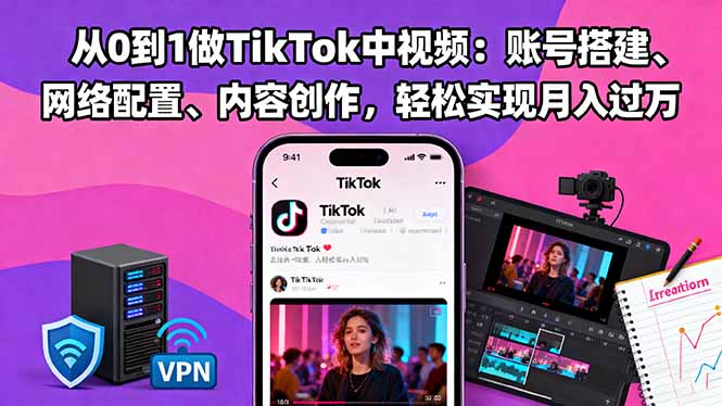 从0到1做TikTok中视频：账号搭建、网络配置、内容创作，轻松实现月入过万-微众资源