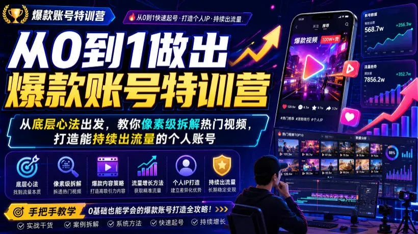 从0到1做出爆款账号特训营，从底层心法出发，教你像素级拆解热门视频，打造能持续出流量的个人账号-微众资源