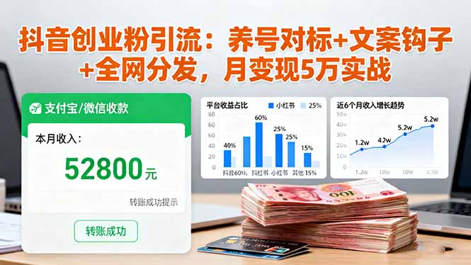 抖音创业粉引流：养号对标+文案钩子+全网分发，月变现5万实战-微众资源