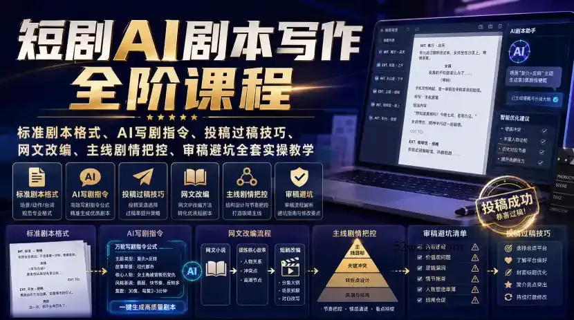 短剧AI剧本写作全阶课程｜标准剧本格式、AI写剧指令、投稿过稿技巧、网文改编、主线剧情把控、审稿避坑全套实操教学-微众资源