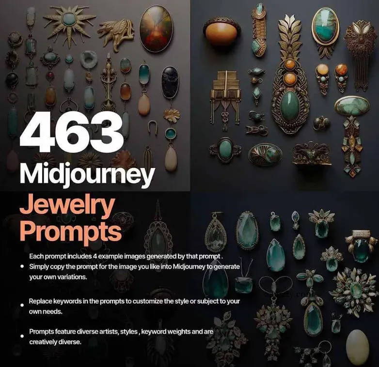 460+专业Midjourney珠宝摄影AI提示词戒指,项链-耳环-手链-宝石等,立即开始创作珠宝艺术
