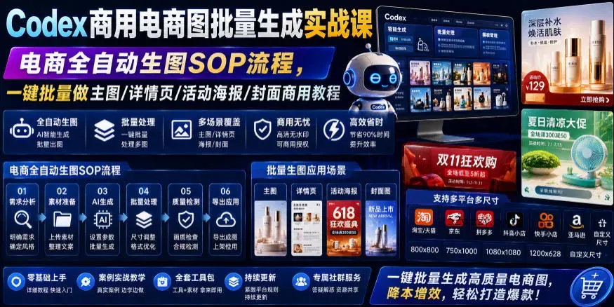 Codex商用电商图批量生成实战课｜电商全自动生图SOP流程，一键批量做主图/详情页/活动海报/封面商用教程-微众资源