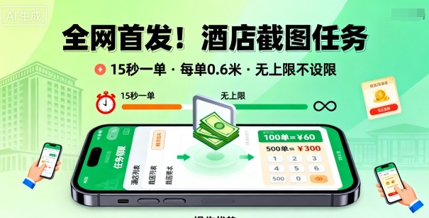 全网首发！酒店截图任务，15秒一单，每单0.6米，任务无上限不设限，矩阵操作单日3张到手【揭秘】-微众资源
