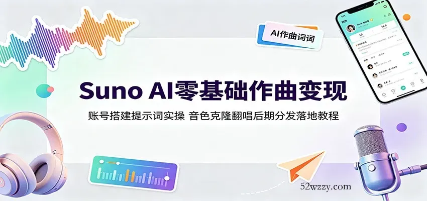 Suno AI零基础作曲变现：账号搭建提示词实操，音色克隆翻唱后期分发落地教程-微众资源