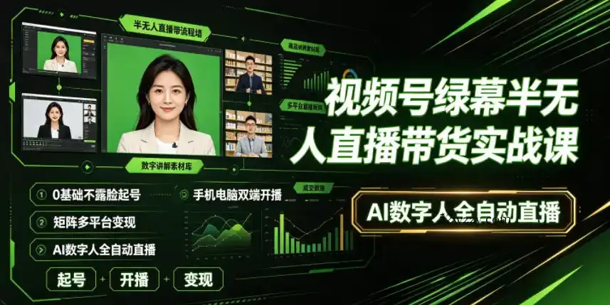 视频号绿幕半无人直播带货实战课|0基础不露脸起号、手机电脑双端开播、矩阵多平台变现、AI数字人全自动直播
