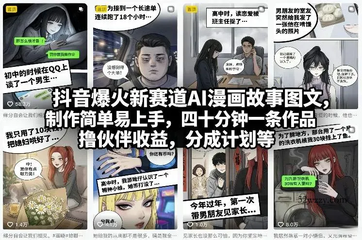 抖音爆火新赛道AI漫画故事图文，制作简单易上手，四十分钟一条作品，撸伙伴收益，分成计划等-微众资源