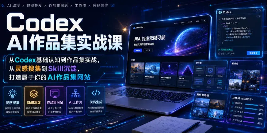 Codex AI作品集实战课,从Codex基础认知到作品集实战,从灵感搜集到Skill沉淀,打造属于你的AI作品集网站-微众资源