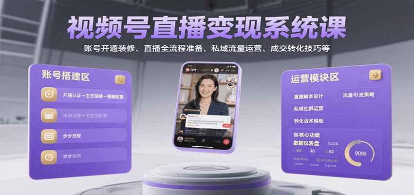 视频号直播变现系统课，账号开通装修、直播全流程准备、私域流量运营、成交转化技巧等-微众资源