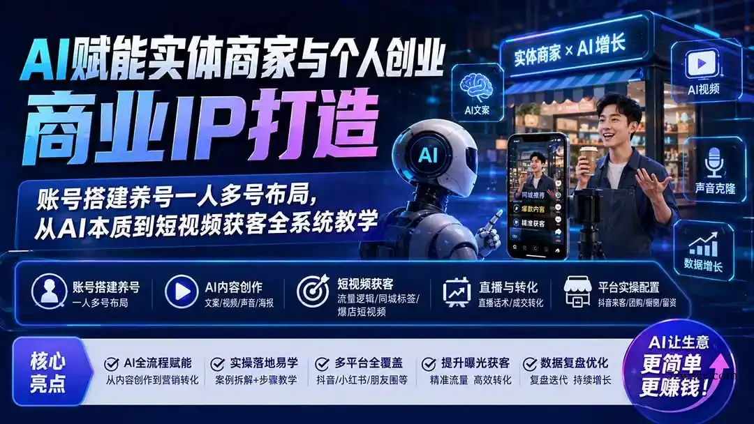 AI赋能实体商家与个人创业商业IP打造；账号搭建养号一人多号布局，从AI本质到短视频获客全系统教学-微众资源