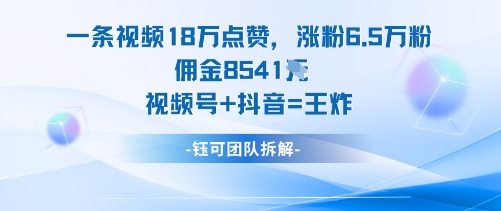 一条视频18W点赞，涨粉6.5W粉佣金8541米，视频号+抖音=王炸-微众资源