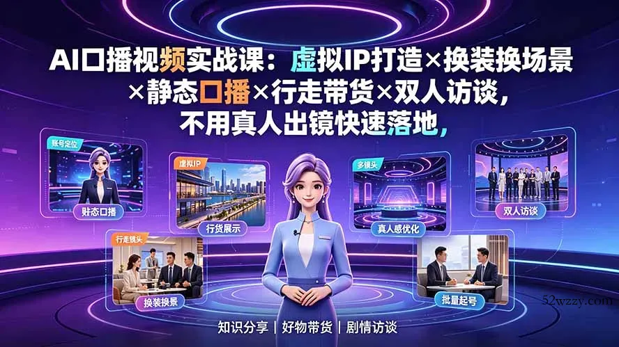 AI口播视频实战课：虚拟IP打造×换装换场景×静态口播×行走带货×双人访谈，不用真人出镜快速落地-微众资源
