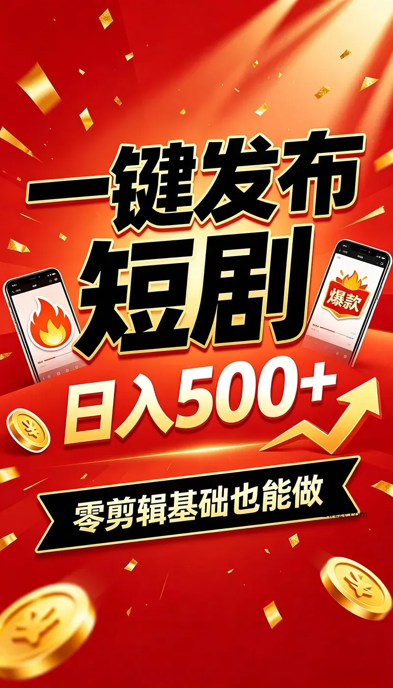 快手短剧一键发布，不用剪辑操作简单，副业日入500+。空闲时间轻松赚收益-微众资源